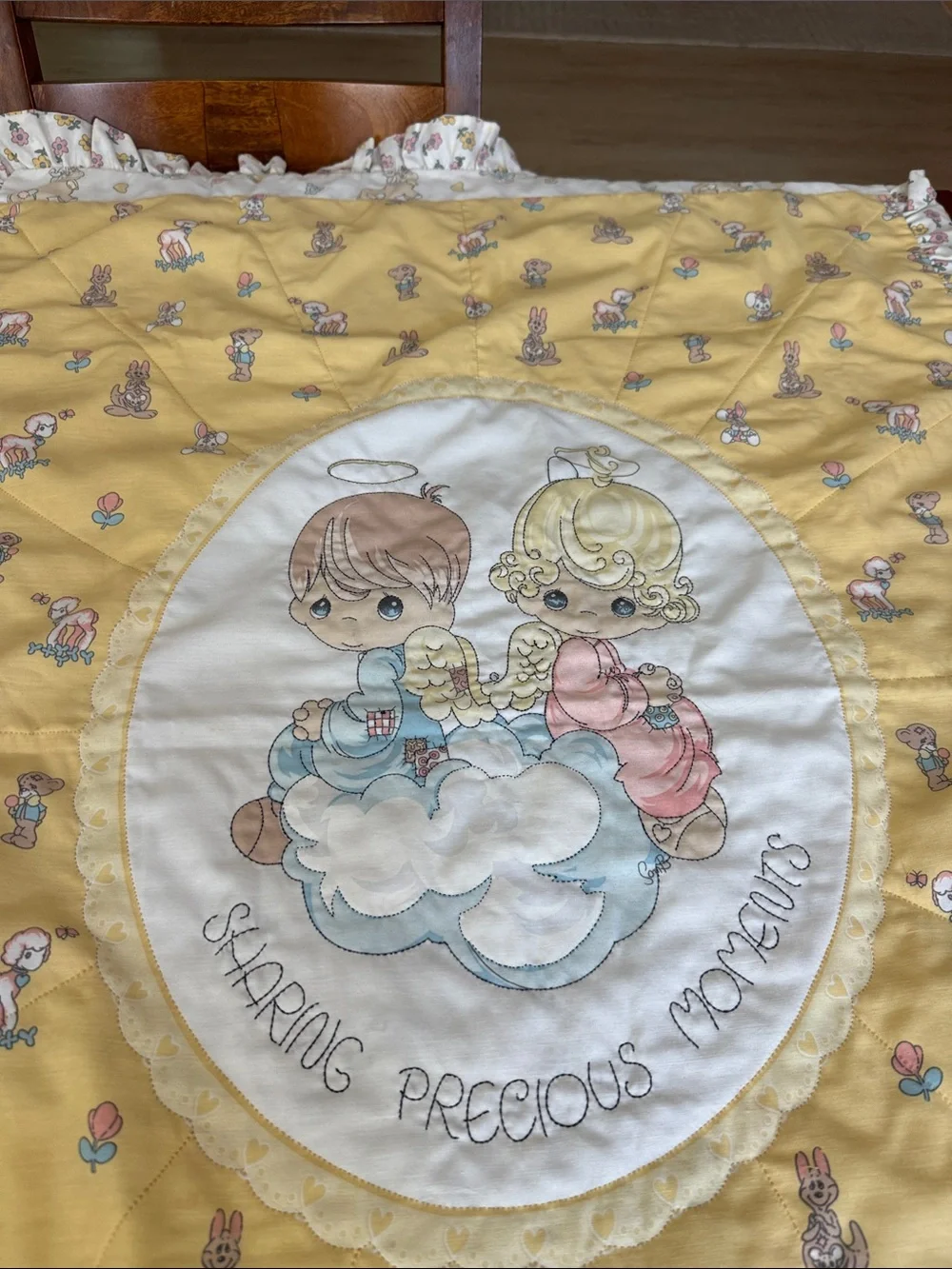 Vintage Precious Moments Quilted Baby Blanket with Ruffle Trim approx 50inX34in
